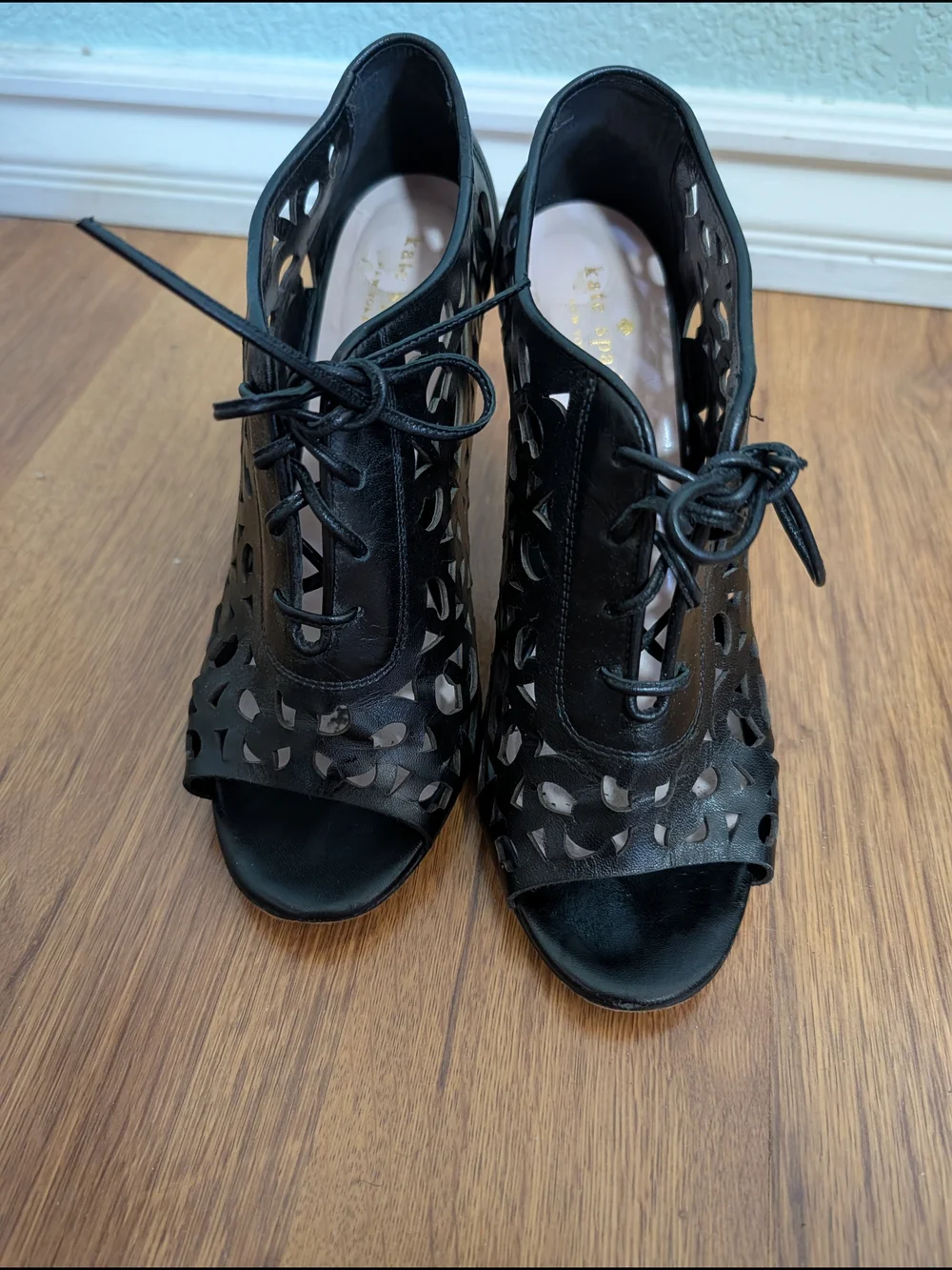 kate spade Black Laser-Cut Lace-Up Peep-Toe Stiletto Heels